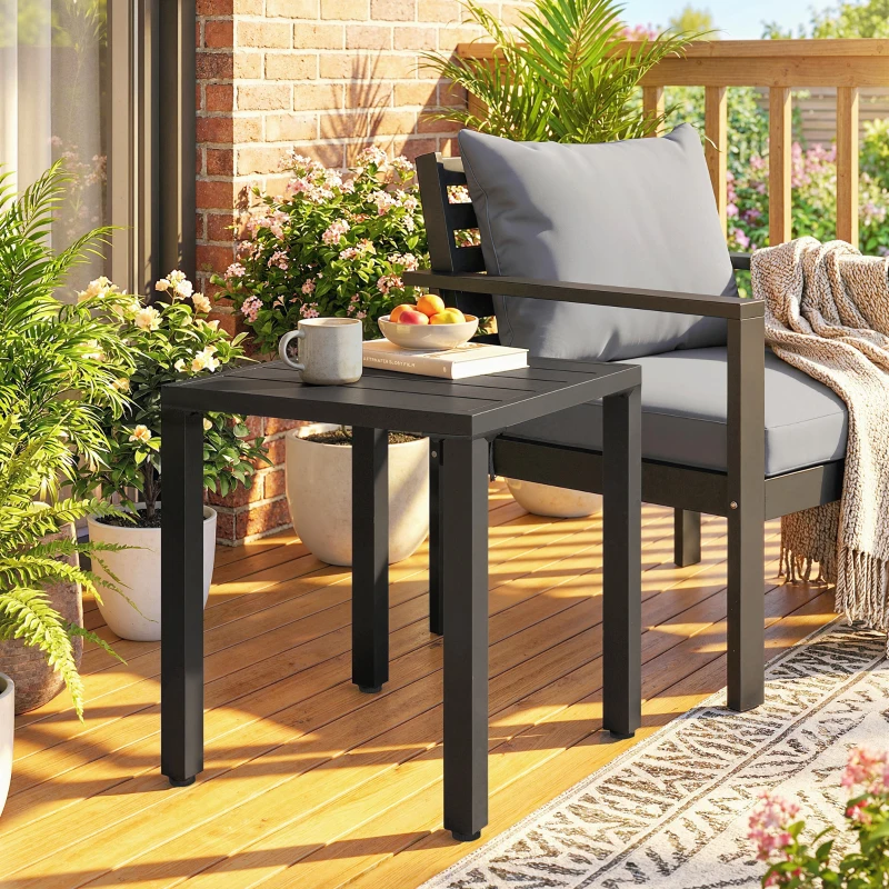 Outsunny Mesa de jardim quadrada, mesa de terraço, estrutura em metal, interior e exterior, para varanda, alpendre, pátio, preto