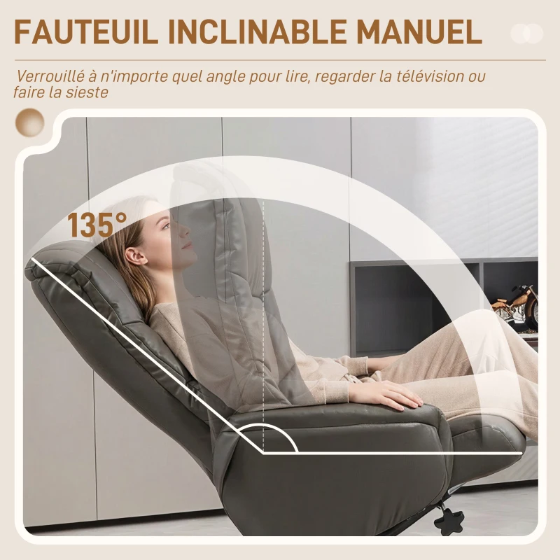 HOMCOM Fauteuil de relaxation avec repose-pied dossier à bascule inclinable assise rembourrée revêtement synthétique gris