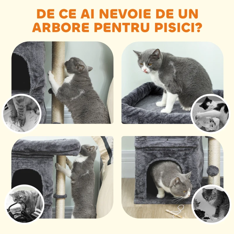 PawHut Turn pentru Pisici până la 7 kg cu 2 Căsuțe și Pat, Stâlp din Sisal și Acoperit cu Plus, Gri Închis