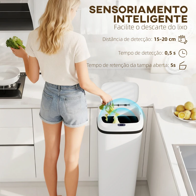 HOMCOM Balde de Lixo Automático 50L Estreito em Aço Inoxidável com Sensor Infravermelhos Modo Manual 33x25x84 cm Branco