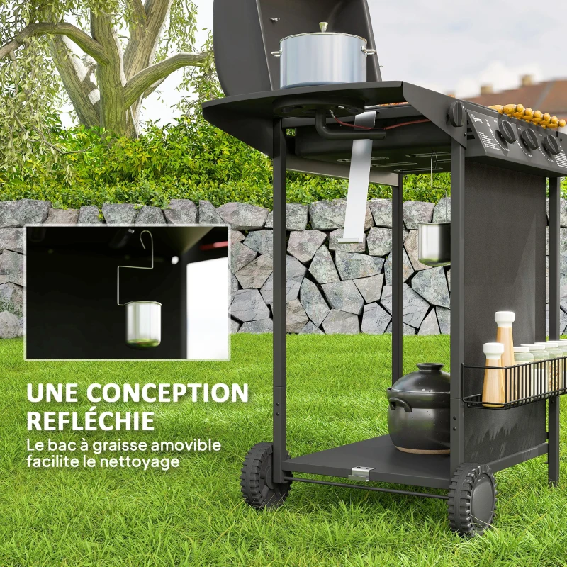 Outsunny Barbecue gaz 3+1 brûleurs en acier, puissance 9,5 kW, barbecue de jardin table latérale, 108 x 54 x 97 cm, noir
