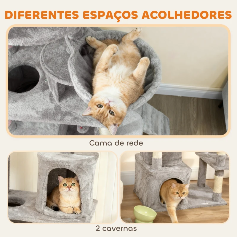 PawHut Arranhador para Gatos Grande com 7 Postes 1 Túnel 3 Plataformas 2 Cavernas 1 Rede 1 Poleiro 1 Rampa Pompons 60x40x170 cm Cinzento