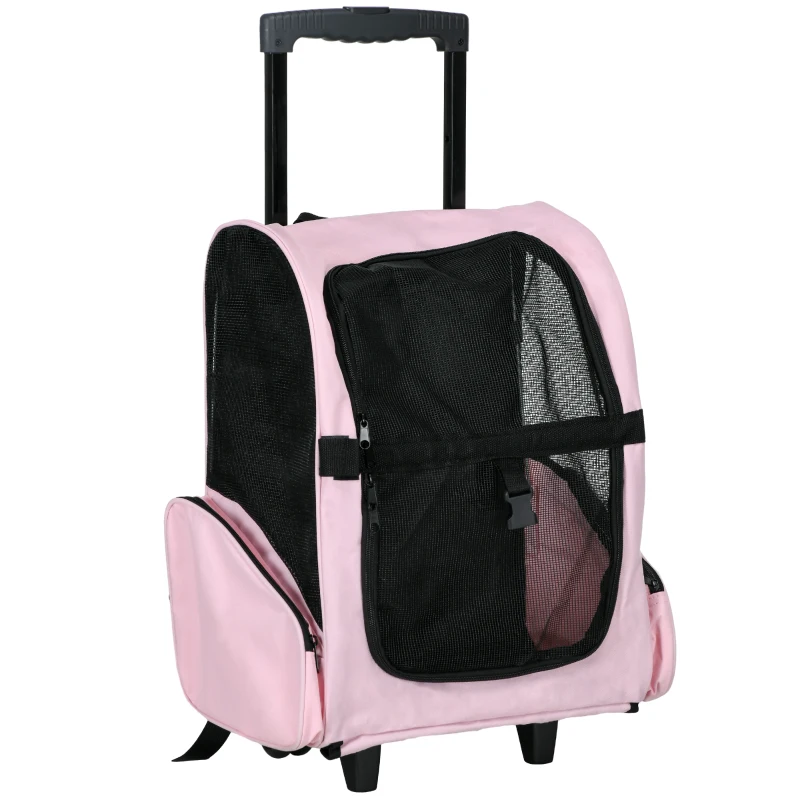 PawHut Sac de transport à roulettes pour chien 2 en 1 trolley chariot sac à dos pour chien chat avec poignée téléscopique, sacs de rangement, aérations, attache de sécurité, 42 x 25 x 55 cm, rose