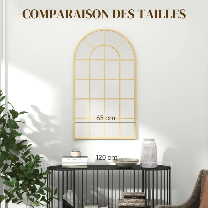 HOMCOM Miroir verrière arche style industriel fenêtre arcade métal 110 x 65 cm doré