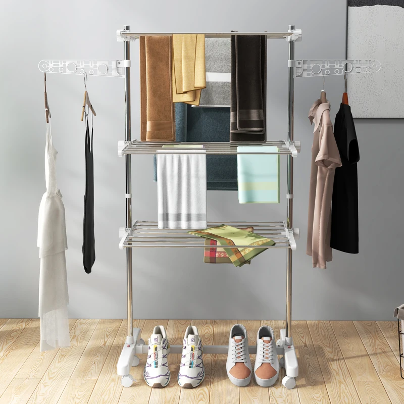 HOMCOM Stendino Verticale Pieghevole in Acciaio e Plastica con 6 Ruote e 3 Ripiani Regolabili, 142x55x172 cm