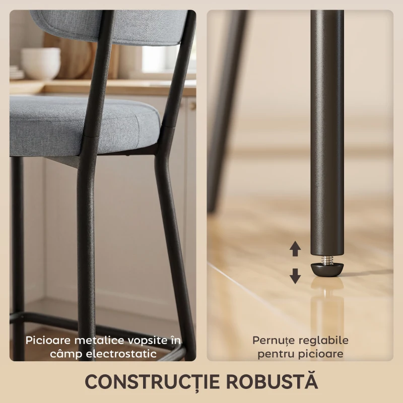 HOMCOM Set de 2 Scaune de Bar cu Spătar și Tapițate, Scaune înalte din material textil cu suport pentru picioare integrat și structură din metal ușor de montat, Scaune pentru bucătărie și living, Gri deschis