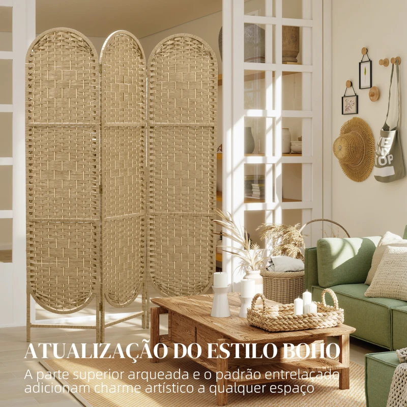 HOMCOM Biombo Separador de Ambientes 3 Painéis 120x170 cm Painel de Privacidade Dobrável Boémio com Topo Arqueado Entrançado à Mão Madeira