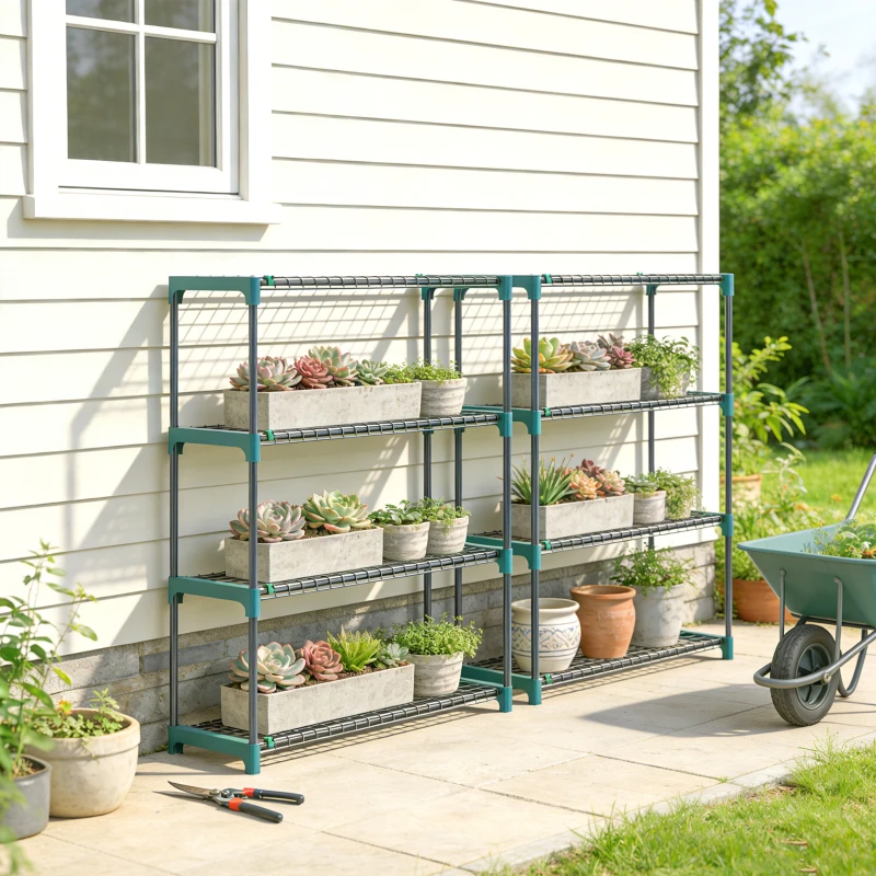 Outsunny Set di 2 Scaffali per Piante a 4 Livelli in Acciaio con Ganci, 90x28x104 cm, Verde