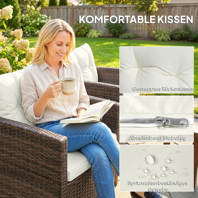 Outsunny Rattan bistroset, 3-delig tuinmeubelset met 2 stoelen, glazen tafel met 2 niveaus, afneembare kussens, crème