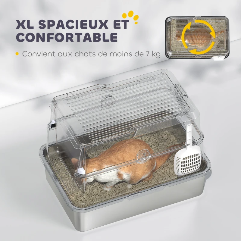 PawHut Bac à litière fermé XL en acier inoxydable, maison de toilette pour grand chat, 60,2 x 40,2 x 43,3 cm, gris clair