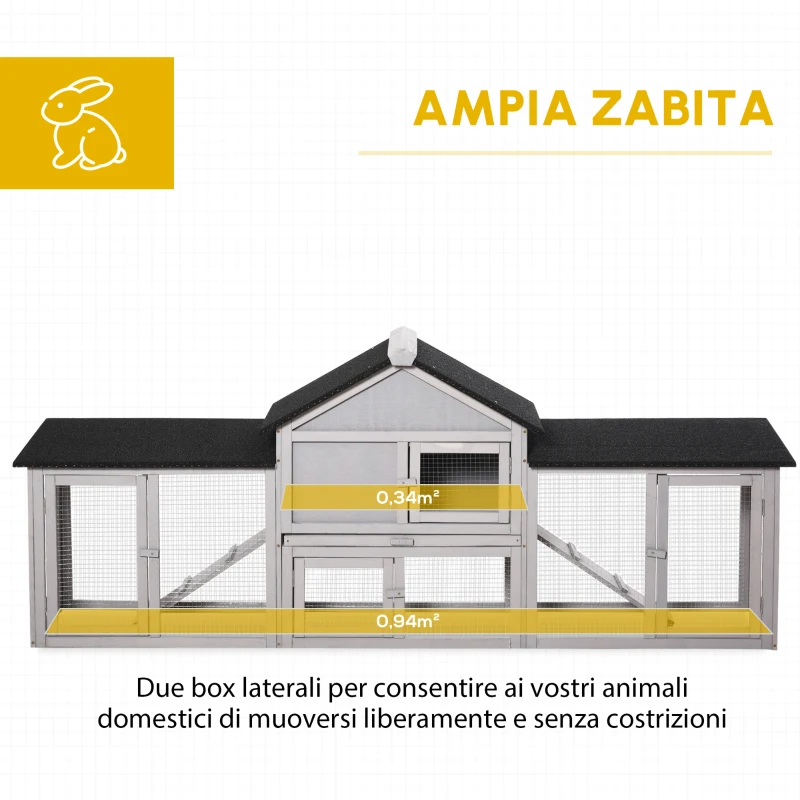 PawHut Gabbia per Conigli o Roditori a 2 Piani, con Tetto Bituminato, Vaschetta per Deiezioni, in Legno Massello di Pino, Grigio