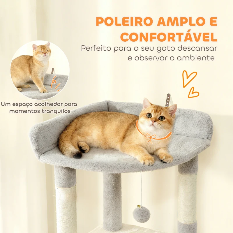 PawHut Arranhador para Gatos Grande com 7 Postes 1 Túnel 3 Plataformas 2 Cavernas 1 Rede 1 Poleiro 1 Rampa Pompons 60x40x170 cm Cinzento