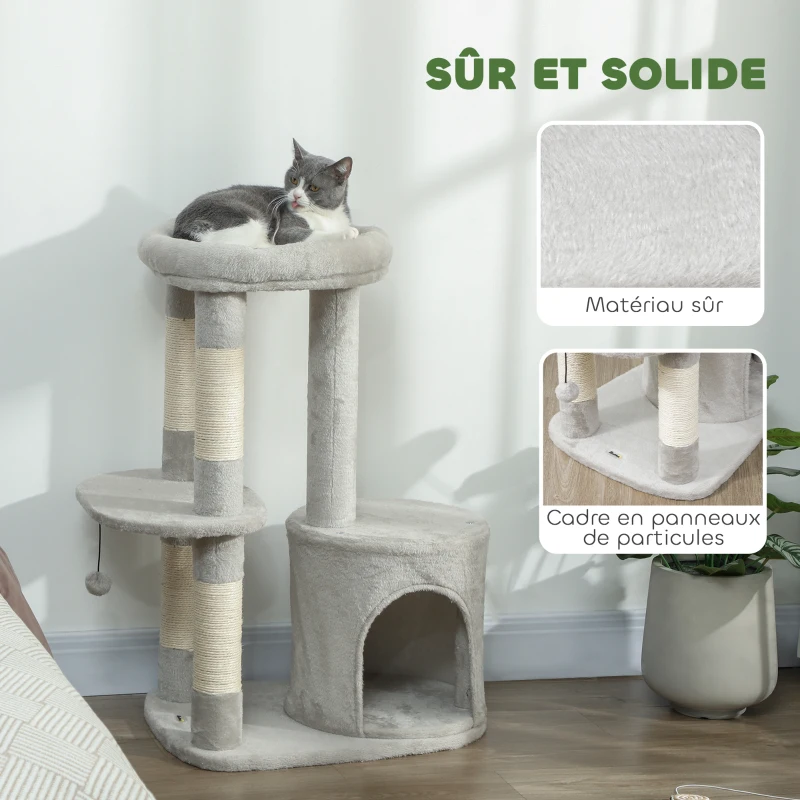 PawHut Arbre à chat tour de jeux pour chats griffoirs, plate-forme, niche, balle, tissu peluche, 60 x 45 x 90 cm, gris clair