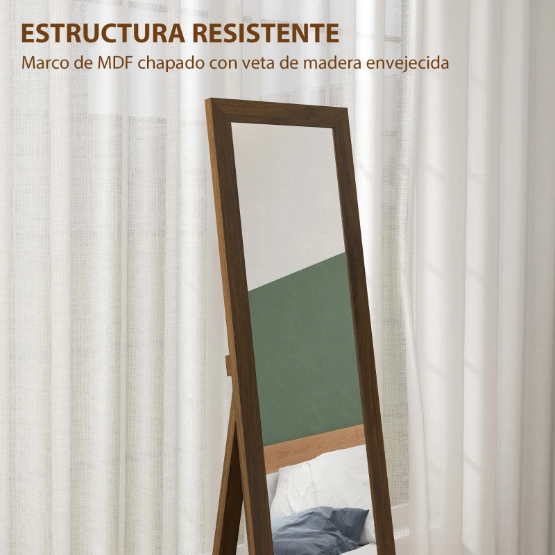 HOMCOM Espejo de Cuerpo Entero 157x37 cm con Marco de MDF Espejo de Pie Inclinado o Colgante Madera Nogal