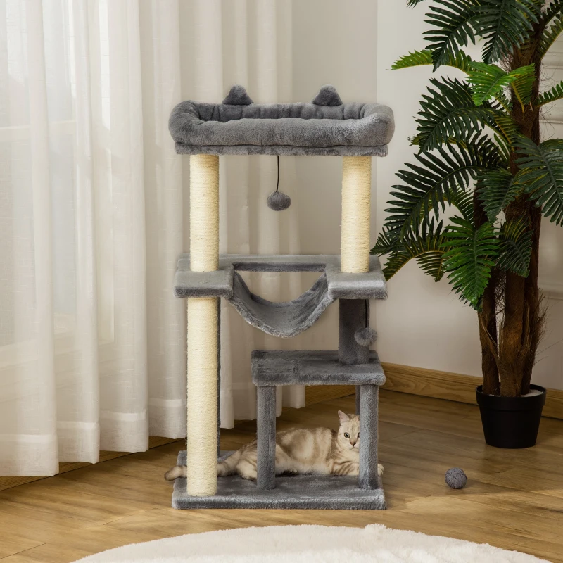 PawHut Arbre à chat avec griffoir, en tissu peluche, tour de jeux pour chat, lit, niche, hamac, plateforme 48 x 48 x 90 cm gris