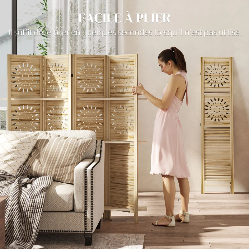 HOMCOM Paravent intérieur 4 panneaux et 3 étagères, 160 x 170 cm, séparateur de pièce pliable, bois de paulownia, bois naturel