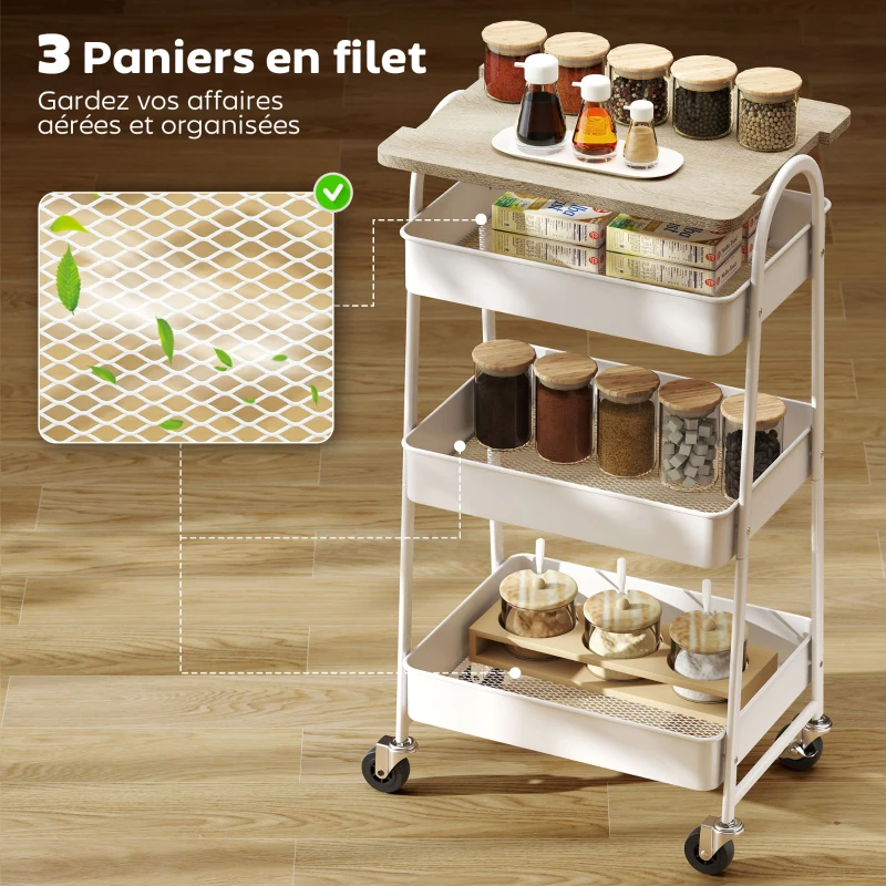 HOMCOM Desserte cuisine, chariot de service à 3 niveaux, plateau supérieur, paniers, poignées, 45 x 32 x 77,5 cm chêne