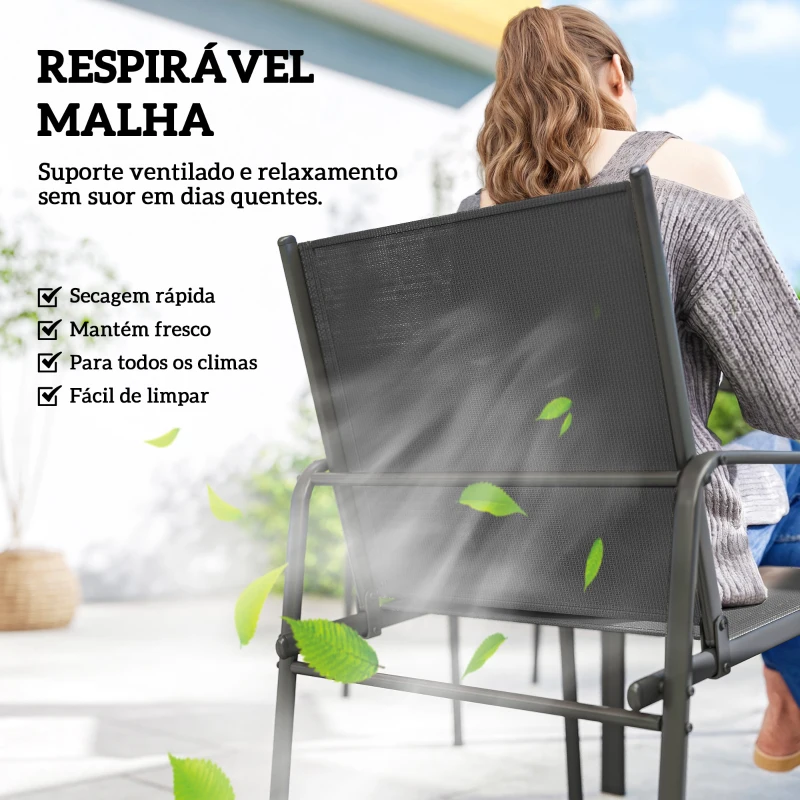 Outsunny Conjunto de Mesa e Cadeiras de Jardim de 7 Peças com Mesa com Efeito Madeira e 6 Cadeiras com Assento Respirável Preto