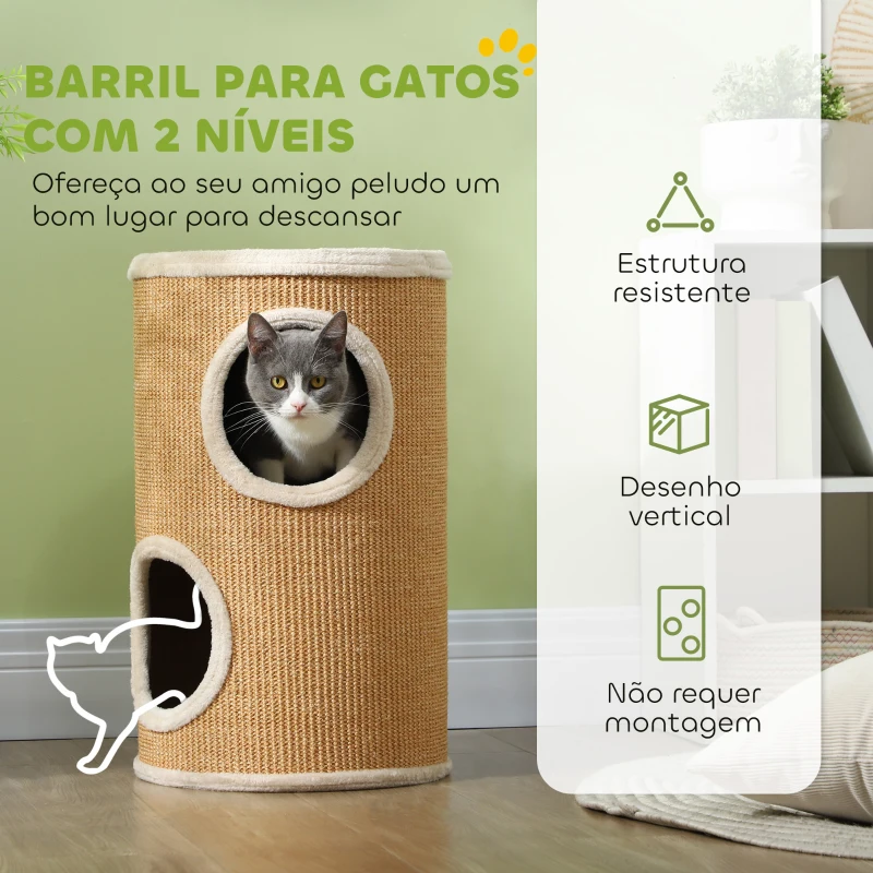 PawHut Barril Arranhador para Gatos de 2 Andares Arranhador para Gatos com 2 Cavernas e Cobertura de Sisal Ø35x60 cm Marrom