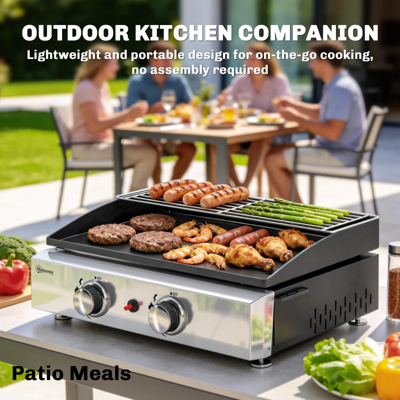 Outsunny 2 Burner Grill Griddle, Portable Gas Plancha with Warming Rack, 5 kW, Tabletop Gas BBQ with Grease Cup, Black