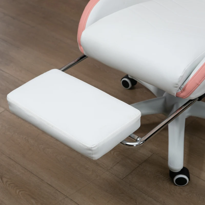 Vinsetto Computer Gaming Chair, PU Leather Office Desk Chair with Footrest, Swivel Wheels, 135° Reclining Back, Lumbar Support, Headrest for Home, White and Pink