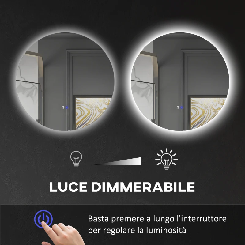 kleankin Specchio Bagno con Luci LED Regolabili, Interruttori Touch e Design Antiappannamento, Ø80 cm