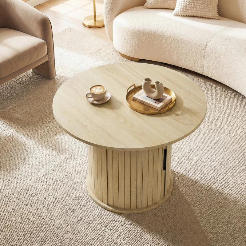 HOMCOM Table basse ronde, table de salon avec rangement, porte coulissante à lattes, 2 étagères, effet bois naturel