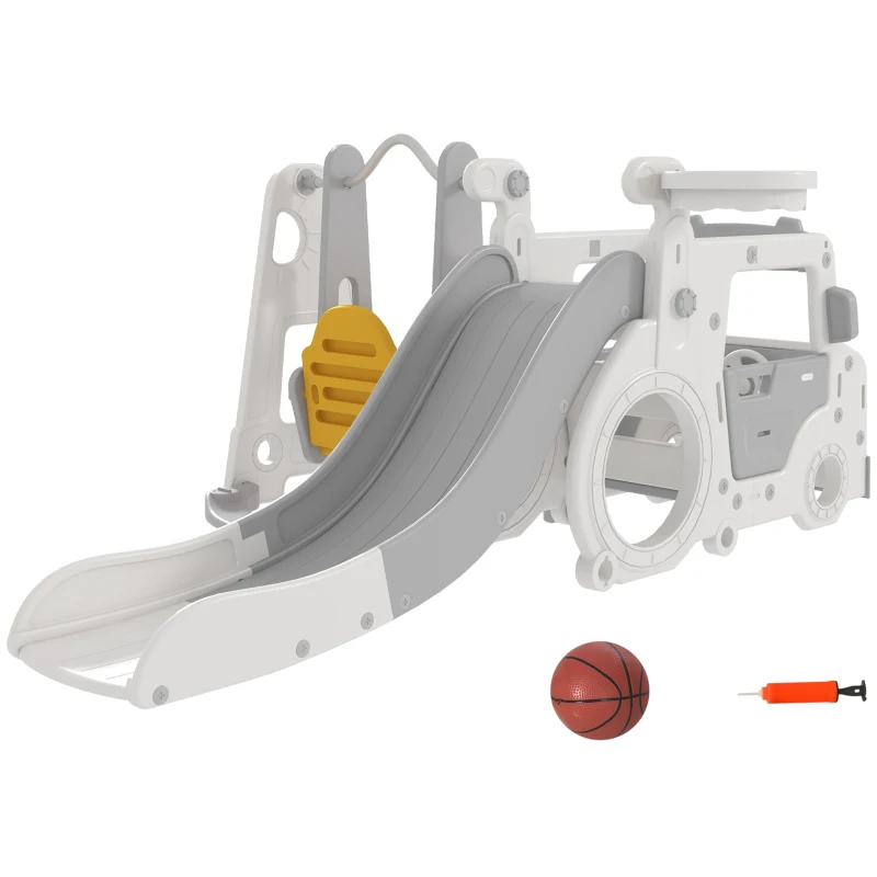 AIYAPLAY Portique enfant toboggan balançoire bus avec panier de basket-ball aire de jeux 4 en 1