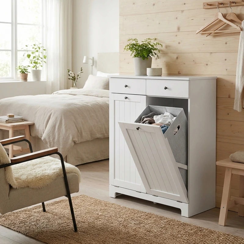 HOMCOM Mobile Portabiancheria con 2 Cesti Inclinabili, 2 Cassetti e 2 Ante a Ribalta per Bagno, 78x38x90cm Bianco