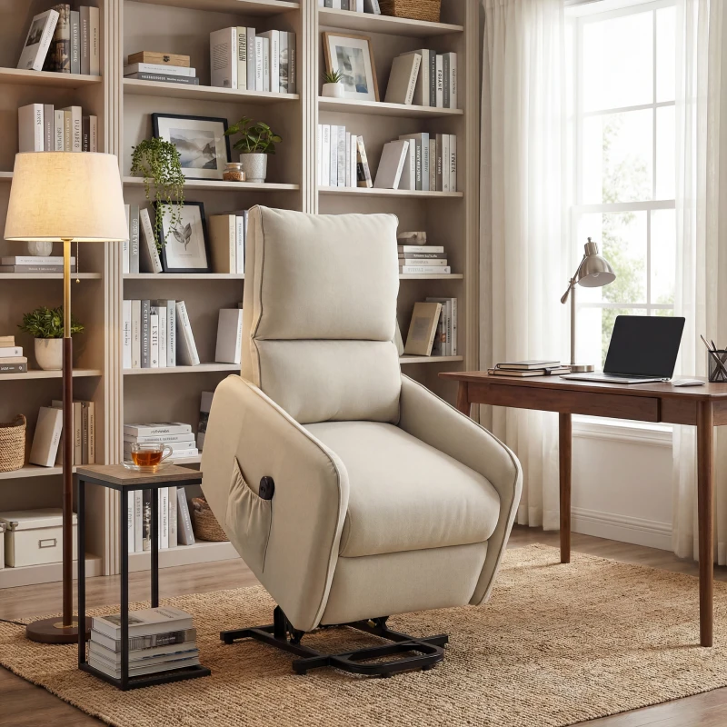 HOMCOM Poltrona Alzapersona Small Elettrica Reclinabile con Telecomando e Tasca Tessuto, 150kg, Beige