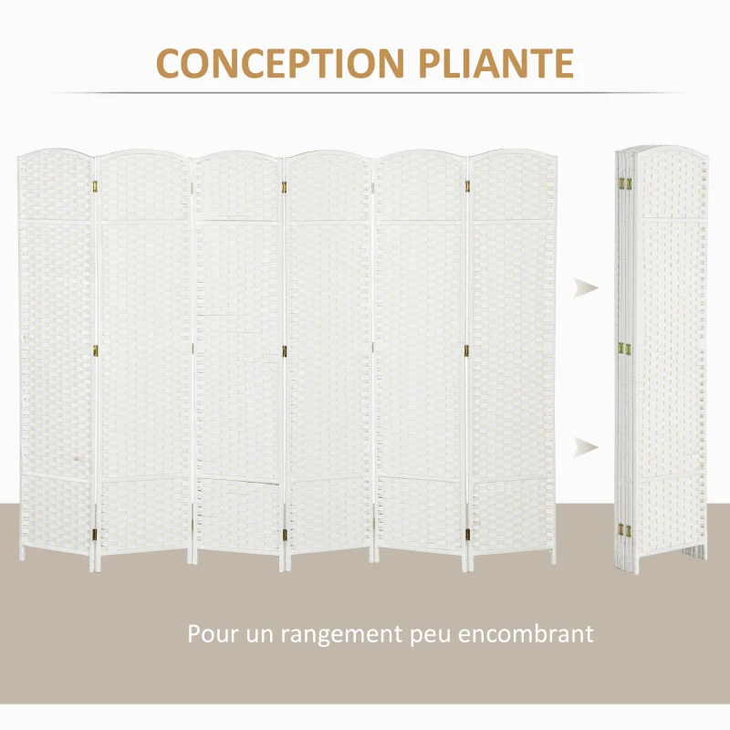 HOMCOM Paravent interieur en bois 6 panneaux 240 x 170 cm séparateur de pièce pliable pour salon, chambre à coucher, naturel