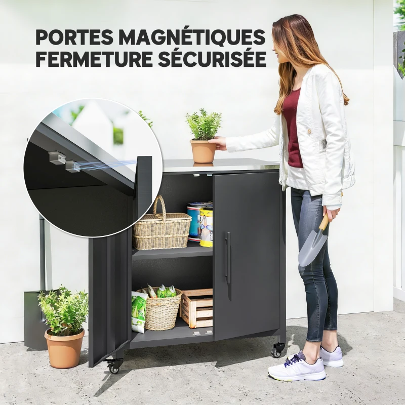 Outsunny Armoire de jardin en Métal, Armoire de Rangement Extérieur, Toit en Acier Inoxydable et Roulettes, Noir