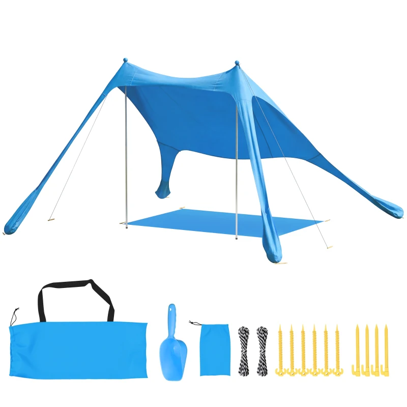 Outsunny Tenda Spiaggia 2-4 Persone, Tappetino, Pala, Protezione Solare UPF50+, Azzurro
