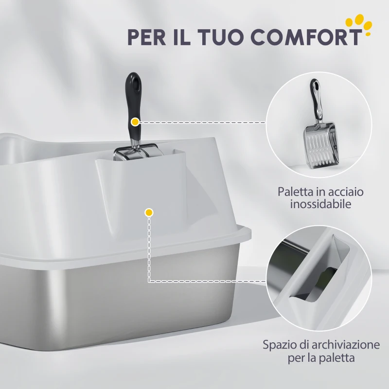 PawHut Lettiera in acciaio inox WC aperto con paletta bordo alto per gatti grandi fino a 7 kg, 60,2 x 40,2 x 29,7 cm, Grigio