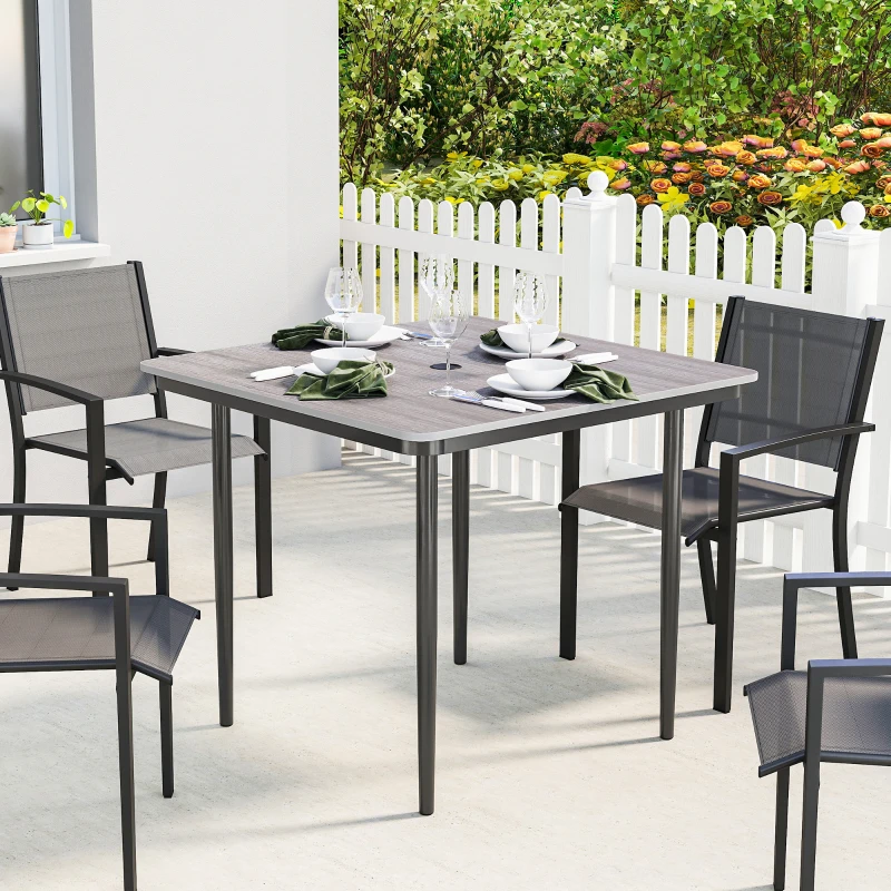Outsunny Mesa de jardim retangular para 4 pessoas, mesa de jantar exterior com orifício para guarda-sol, 85 x 85 x 72,5 cm, cinza