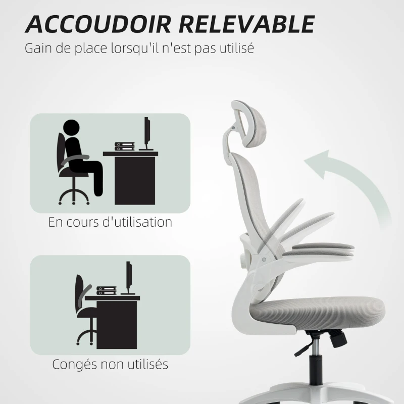 HOMCOM Chaise Bureau Ergonomique, Fauteuil de Bureau en Maille avec Accoudoirs Rabattables, Hauteur Réglable, 64x62x115cm, Gris