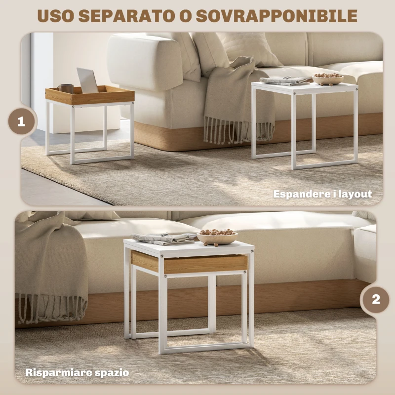 HOMCOM Set di Tavolini da Caffè Impilabili Moderni con Vassoio, 45x45x45 cm, Bianco e Rovere
