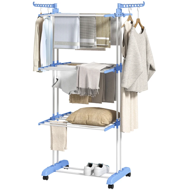 HOMCOM Estendal Dobrável para Roupa com Rodas Estendal Vertical de Aço com 3 Níveis Laterais Dobráveis 73x64x177cm Azul e Branco