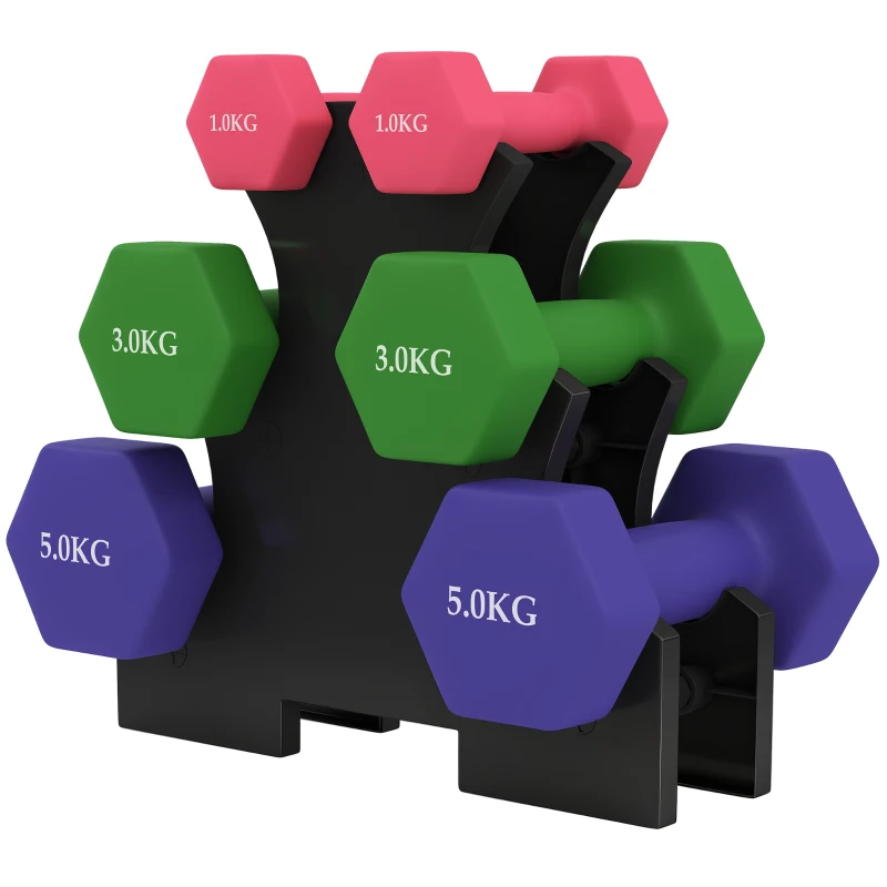 SPORTNOW Hex Dumbbells Set with Dumbbell Rack, Hand Weights for Strength Training Weight Lifting, 2 x 1kg, 2 x 3kg, 2 x 5kg