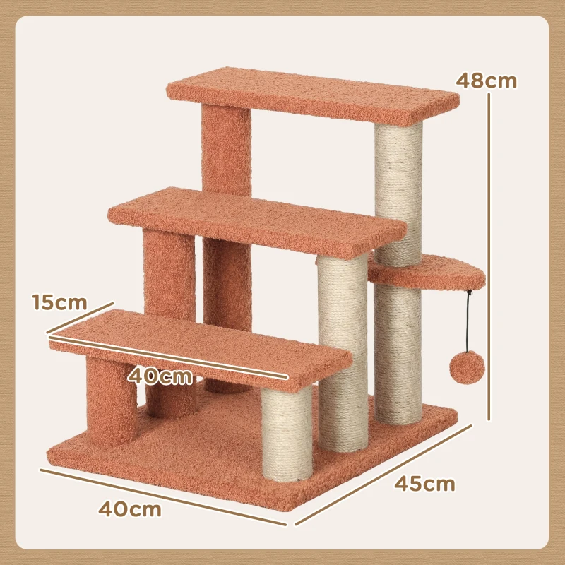 PawHut Kratzbaum, Haustiertreppe, 3 Stufen, Spielball, bis 5 kg, 45x40x48cm, Braun