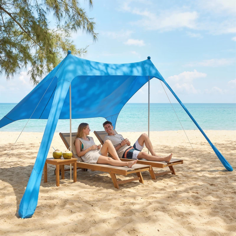 Outsunny Tenda Spiaggia 2-4 Persone, Tappetino, Pala, Protezione Solare UPF50+, Azzurro