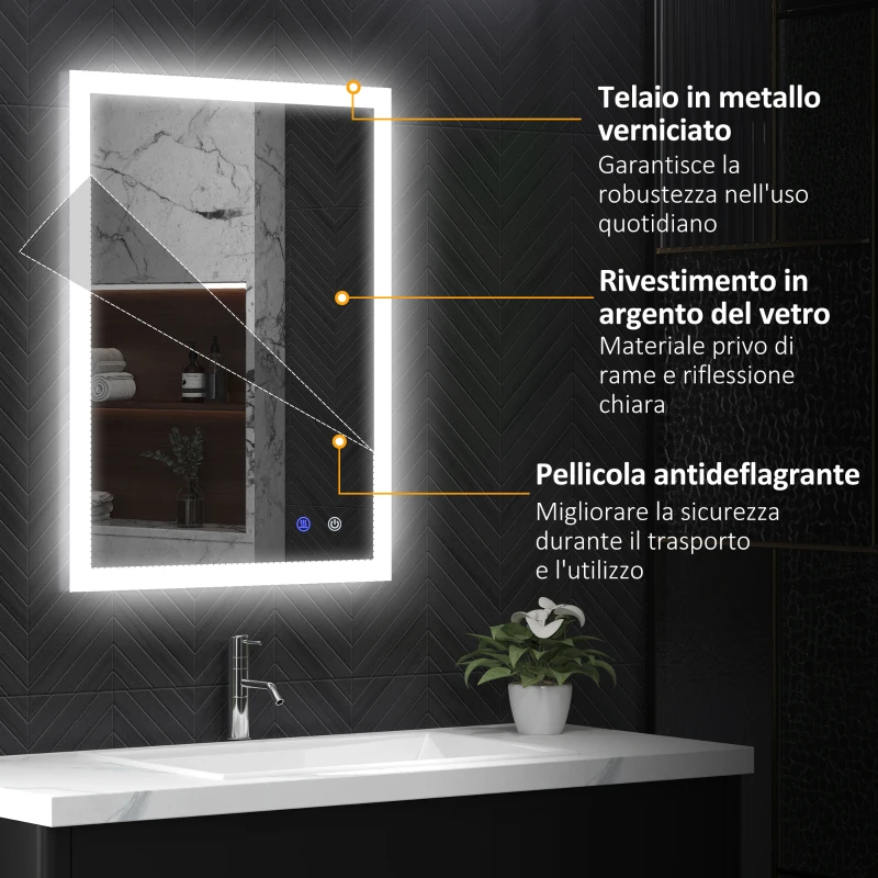 kleankin Specchio Bagno LED Antiappannamento con 3 Colori e Luminosità Regolabile, in Metallo e Vetro, 80x60x3 cm