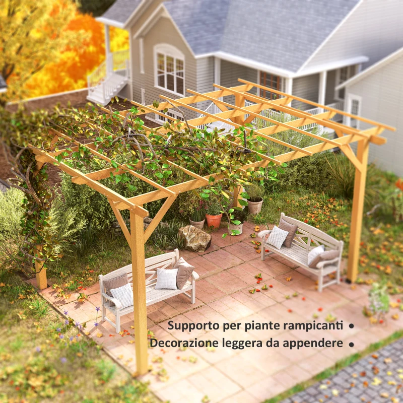 Outsunny Pergola da Giardino 3 x 4 m in Legno per Piante Rampicanti, Pergola da Esterno, Legno Naturale