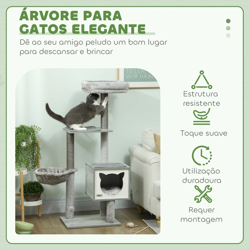 PawHut Arranhador para Gatos com Plataforma Rede Caverna Cama Postes de Sisal e Bolas de Brincar 48x40x126 cm Cinza