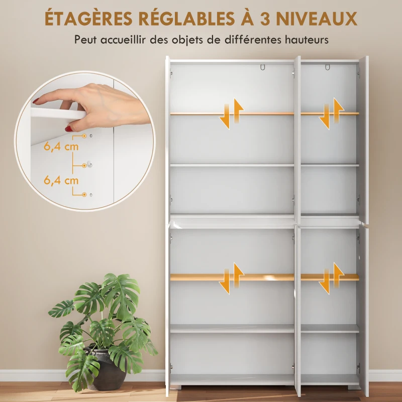 HOMCOM Buffet haut cuisine armoire de cuisine à haute brillance 6 portes à fermeture douce étagères réglables blanc