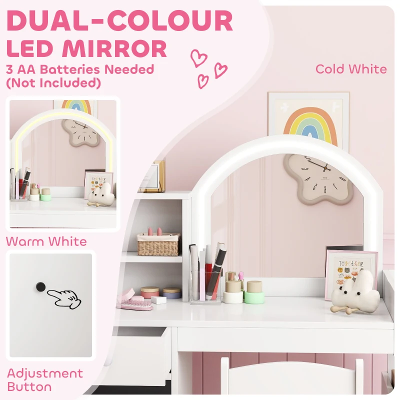 AIYAPLAY Kids Vanity Table and Chair Set, Girls Dressing Table with 2-Colour LED Mirror, Stool, Cabinet, Drawer, Shelves, White