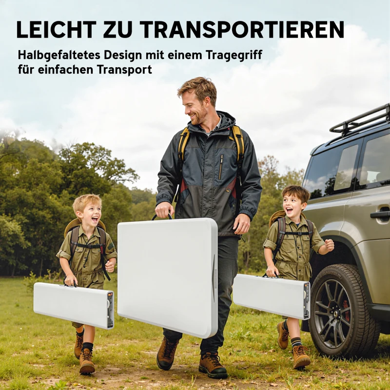 Outsunny 3-teiliges Picknicktisch-Set, 1 Tisch, 2 Bänke, Faltbarer Campingtisch mit Tragegriffen, Kunststoff, Metall, Weiß