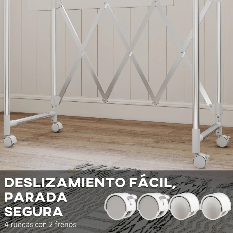 HOMCOM Tendedero Plegable de 3 Niveles Tendedero de Acero Inoxidable con 3 Barras Ajustables y Extensibles 4 Ruedas Plata