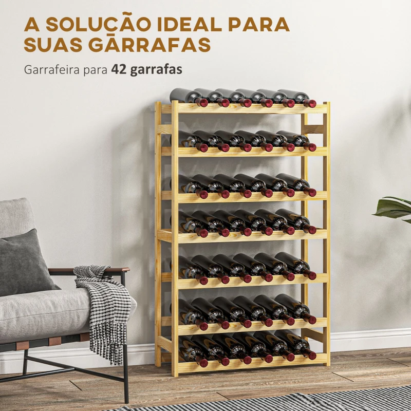HOMCOM Garrafeira de Madeira para 42 Garrafas Garrafeira para Vinho de 7 Níveis 63x25x102 cm Madeira