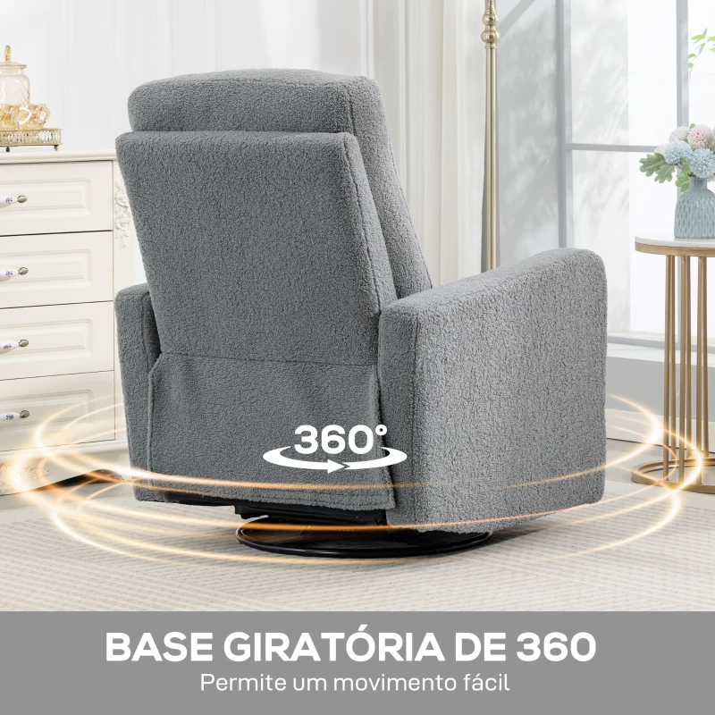 HOMCOM Poltrona Relax Reclinável Manual Poltrona Relax de Borreguito com Função de Baloiço 360° Reclinável até 135º 76x94x100 cm Cinza